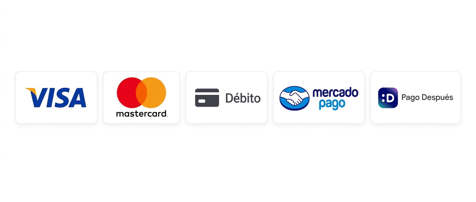 Aceptamos Visa, Mastercard, débito, Mercado Pago y Pago Después