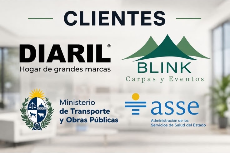 Algunos de nuestros clientes: Diaril, Blink Carpas y Eventos, Ministerio de Transporte y Obras Públicas y ASSE